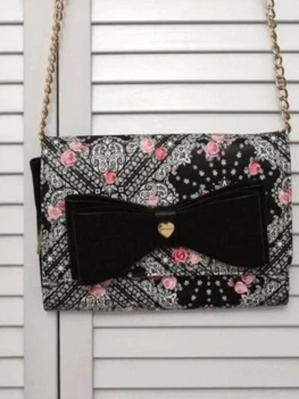 Betsey Johnson Black and Pink Floral Crossbody Bag with Bow